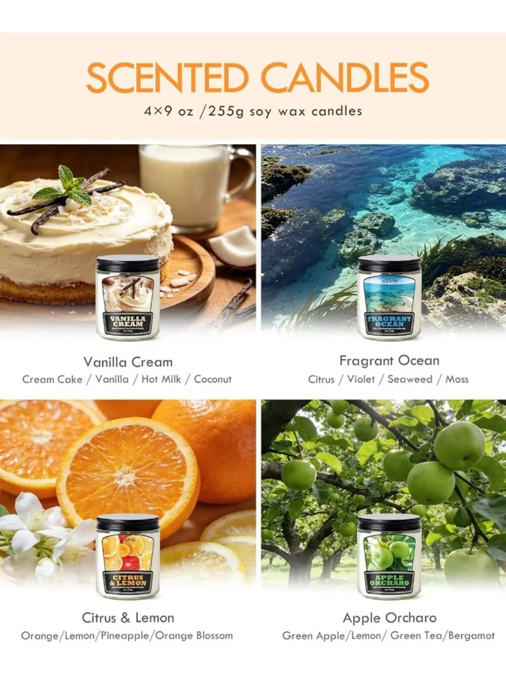 Odor Eliminating Soy Candle Set - 4 Pack, Non-Toxic, Long Lasting, Freshens Home